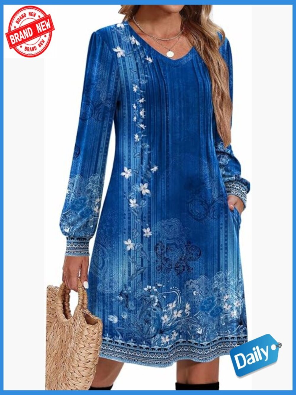 Casual A-Line Tunic Dress with Pockets Long Sleeve V-Neck Pleated Flowy